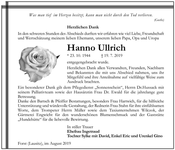 Traueranzeige Hanno Ullrich