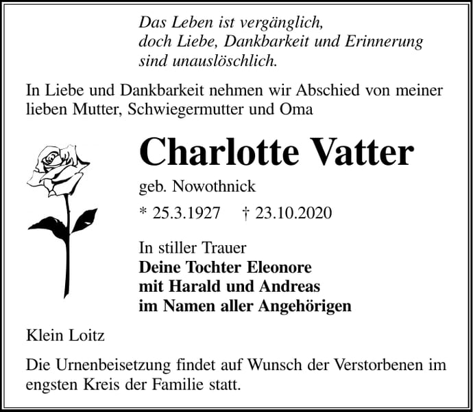 Traueranzeige Charlotte Vatter, geb. Nowothnick