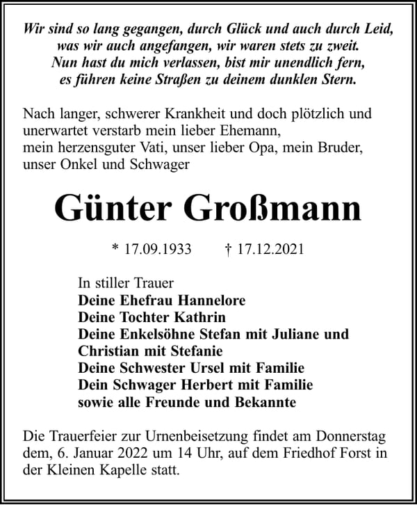 Traueranzeige Günter Großmann
