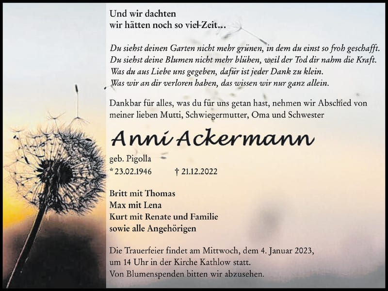 Traueranzeige Anni Ackermann, geb. Pigolla