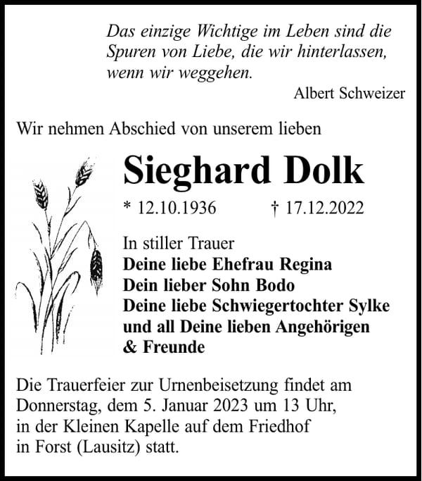 Traueranzeige Sieghard Dolk