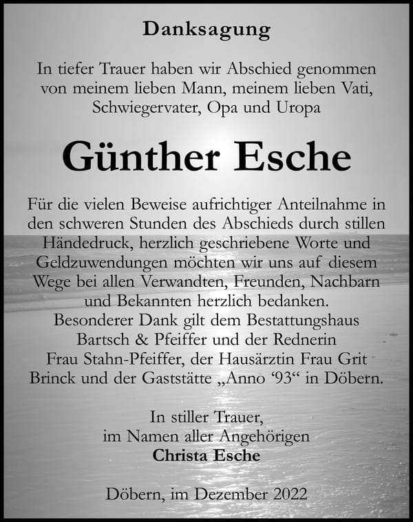 Danksagung Günther Esche