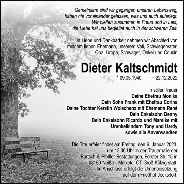 Traueranzeige Dieter Kaltschmidt