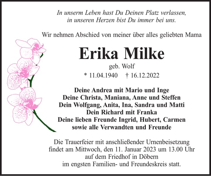 Traueranzeige Erika Milke, geb. Wolf