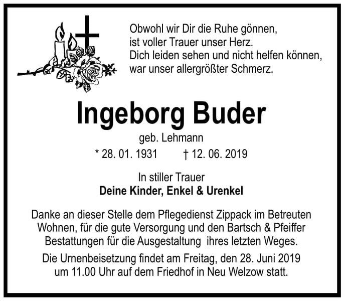 Traueranzeige Ingeborg Buder, geb. Lehmann