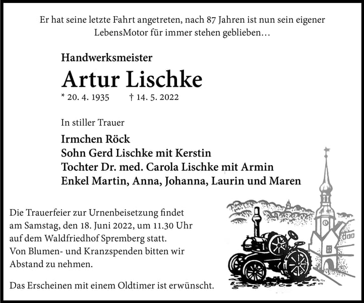 Traueranzeige Artur Lischke