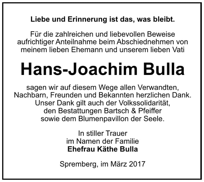 Danksagung Hans-Joachim Bulla