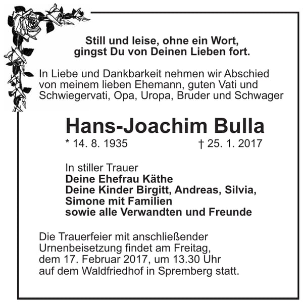 Traueranzeige Hans-Joachim Bulla