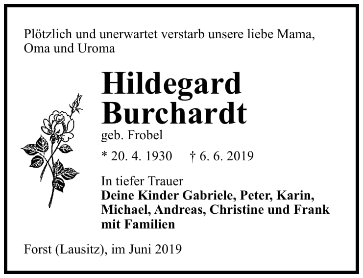 Traueranzeige Hildegard Burchardt, geb. Frobel