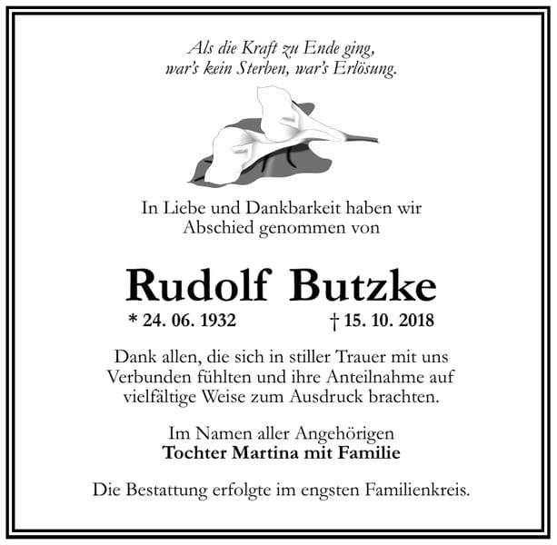 Traueranzeige Rudolf Butzke