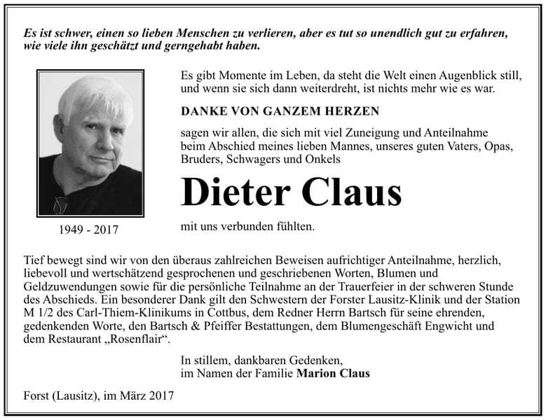 Danksagung Dieter Claus