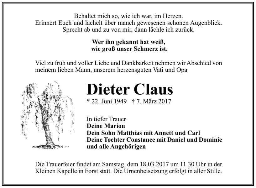 Traueranzeige Dieter Claus