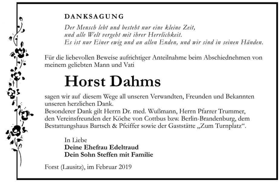 Traueranzeige Horst Dahms