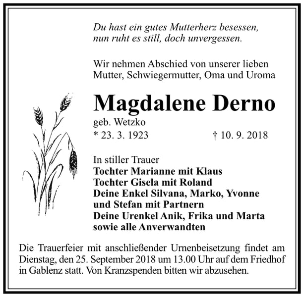 Traueranzeige Magdalene Derno, geb. Wetzko