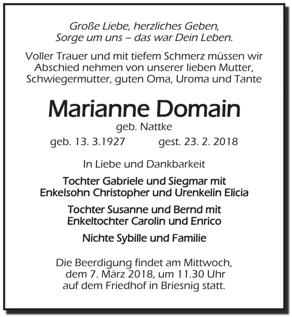 Traueranzeige Marianne Domain geb. Nattke