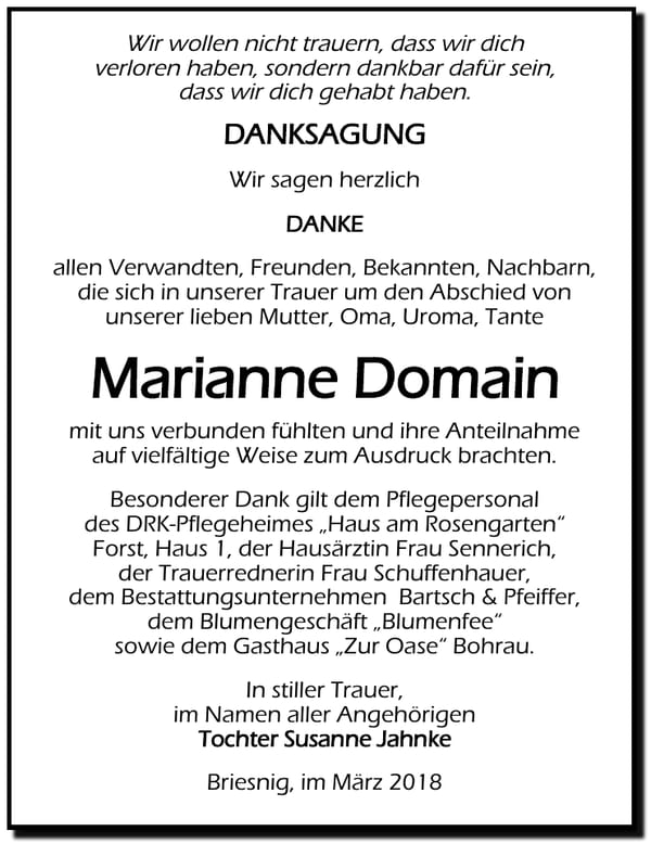 Danksagung Marianne Domain