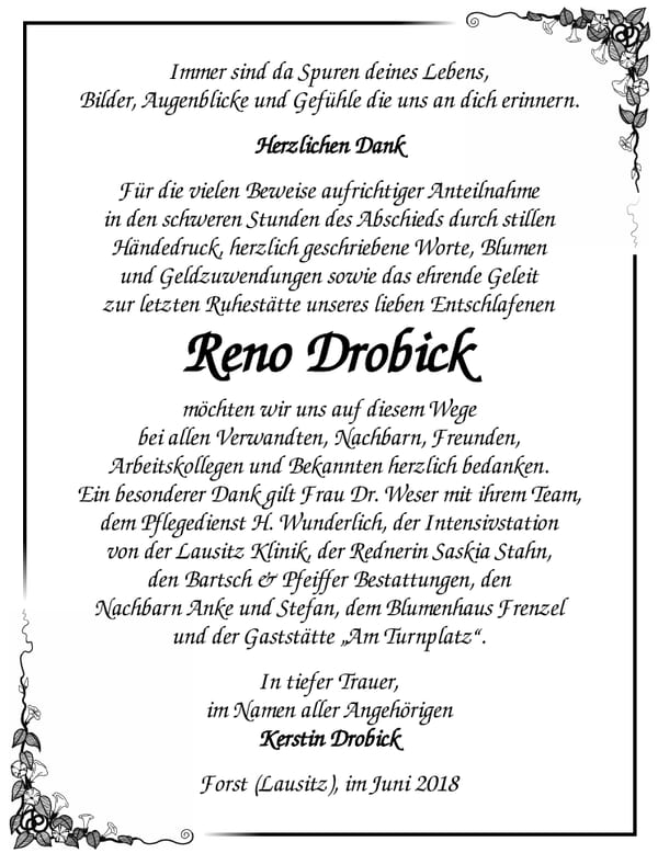 Danksagung Reno Drobick