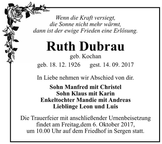 Traueranzeige Ruth Dubrau, geb. Kochan