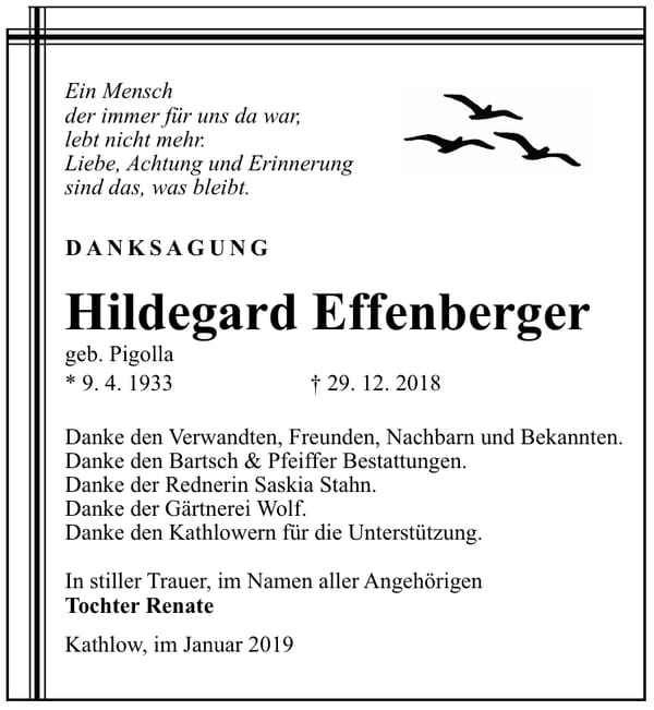 Traueranzeige Hildegard Effenberger, geb. Pigolla