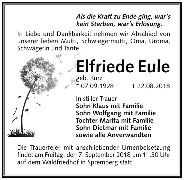 Traueranzeige Elfriede Eule, geb. Kurz