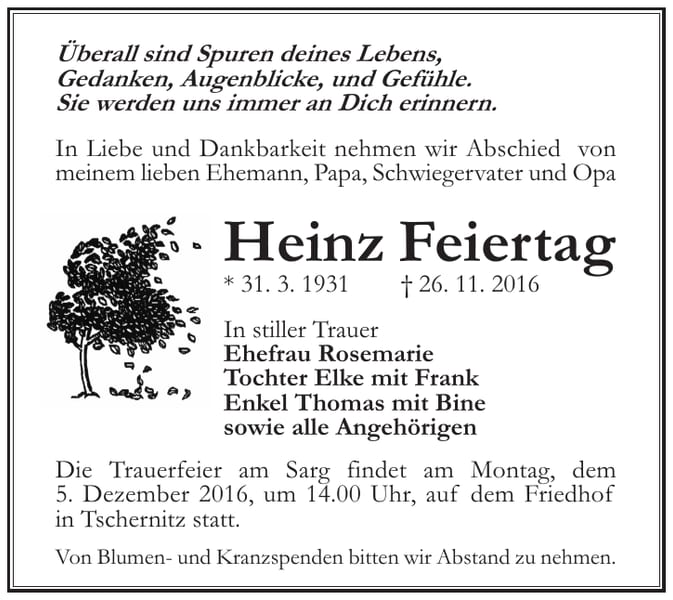 Traueranzeige Heinz Feiertag