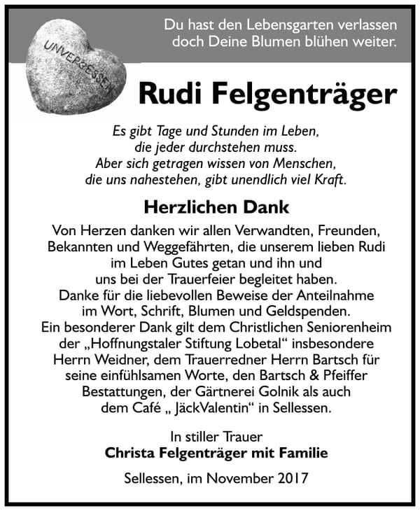 Danksagung Rudi Felgenträger