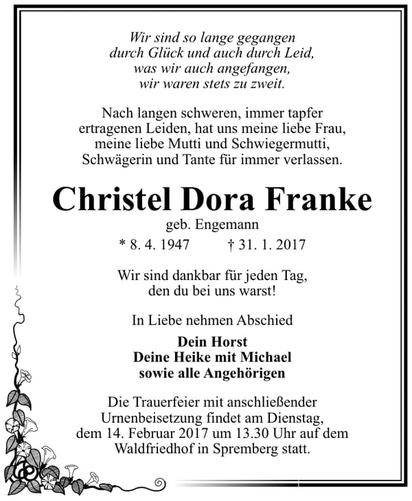 Traueranzeige Christel Dora Franke, geb. Engemann