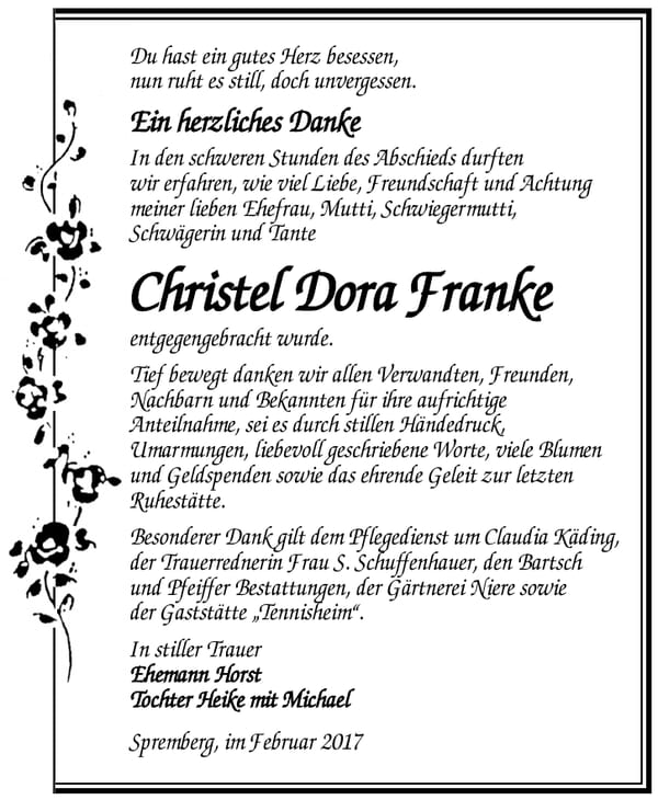 Danksagung Christel Dora Franke