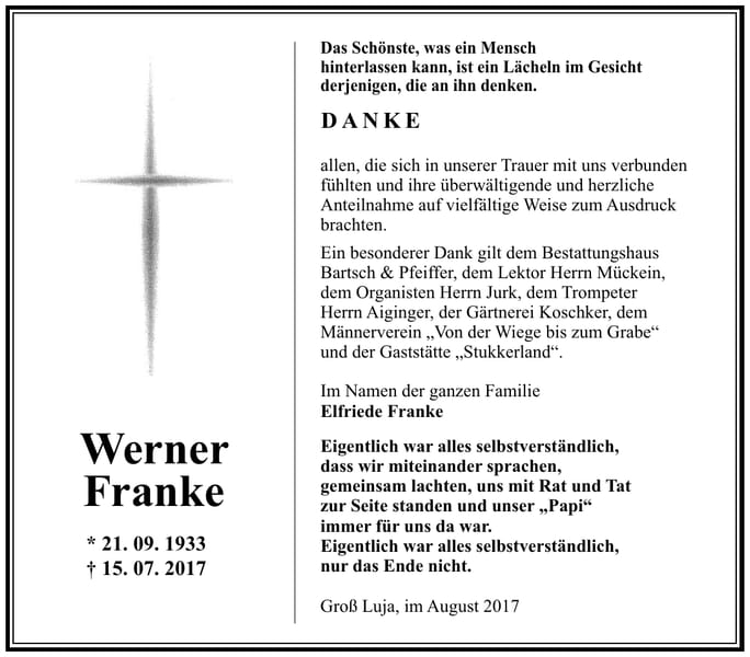 Danksagung Werner Franke