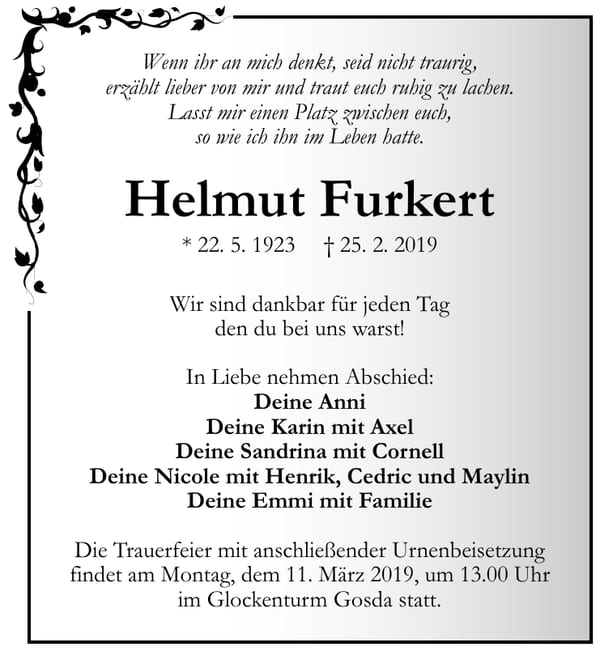 Traueranzeige Helmut Furkert