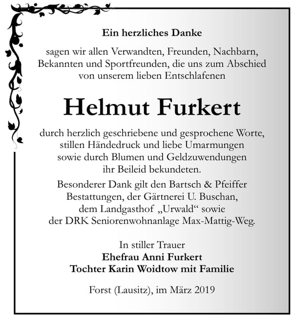 Traueranzeige Helmut Furkert