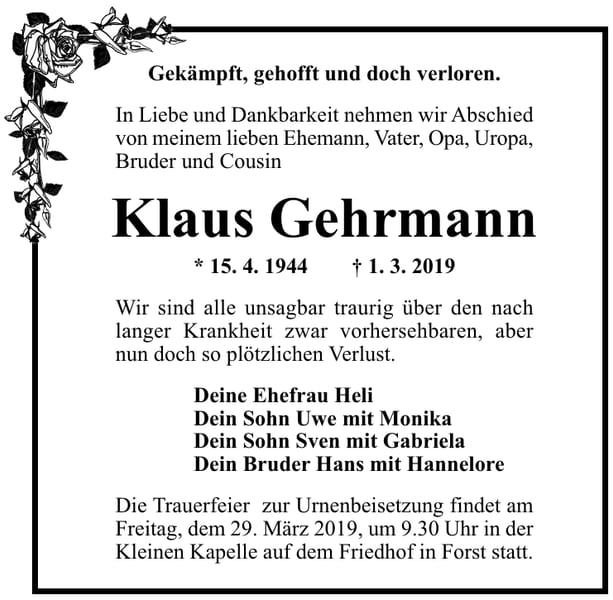 Traueranzeige Klaus Gehrmann