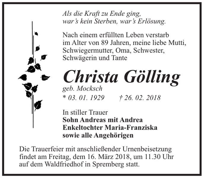Traueranzeige Christa Gölling, geb. Mocksch