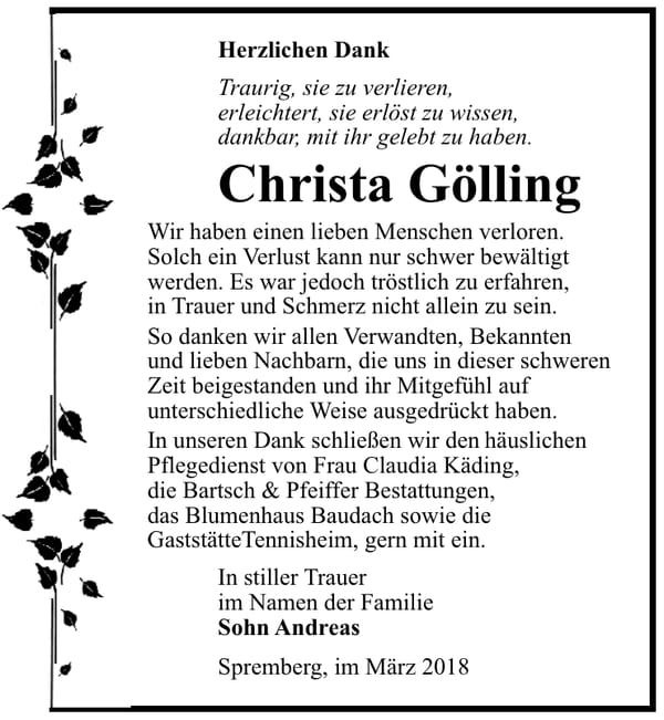 Danksagung Christa Gölling
