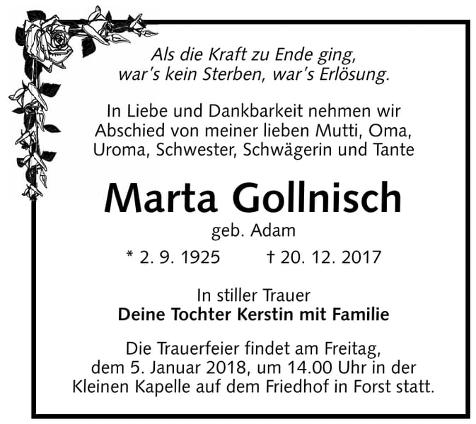 Traueranzeige Marta Gollnisch, geb. Adam