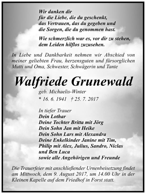 Traueranzeige Walfriede Grunewald, geb. Michaelis-Winter