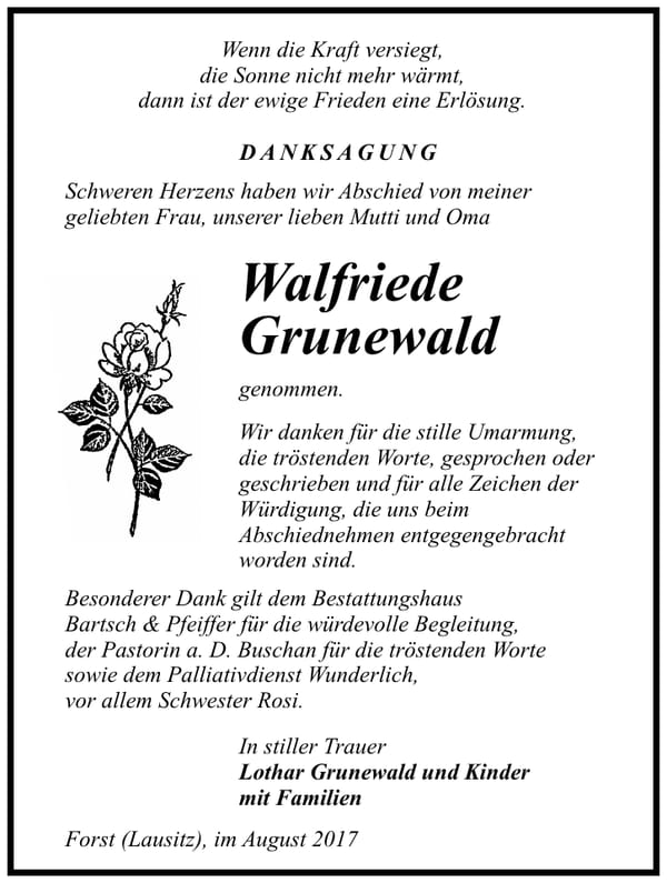 Danksagung Walfriede Grunewald