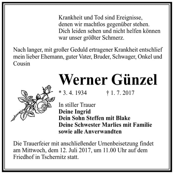 Traueranzeige Werner Günzel