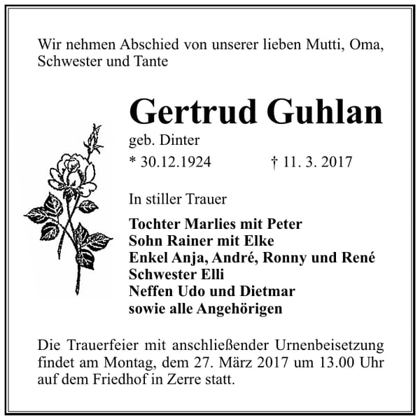 Traueranzeige Gertrud Guhlan, geb. Dinter
