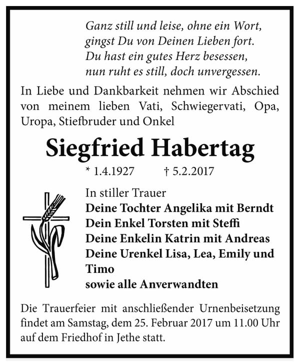 Traueranzeige Siegfried Habertag