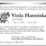 Danksagung Viola Hanniske, geb. Koblitz