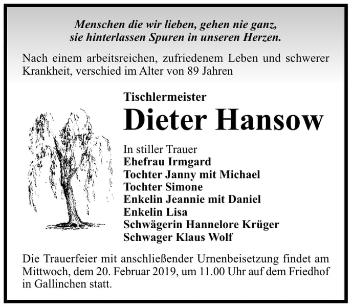 Traueranzeige Dieter Hansow