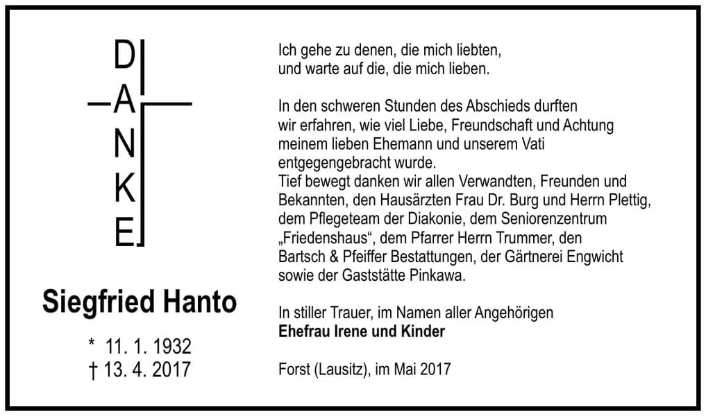 Danksagung Siegfried Hanto