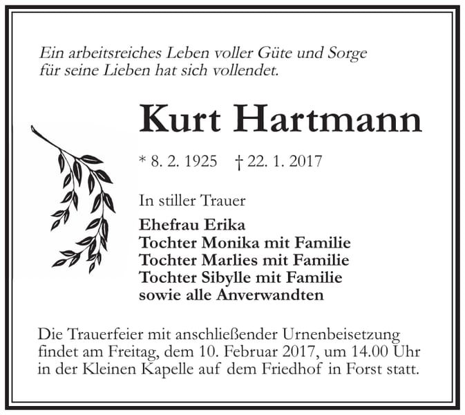 Traueranzeige Kurt Hartmann