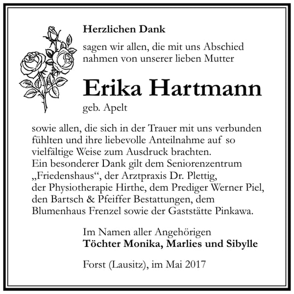 Danksagung Erika Hartmann, geb. Apelt