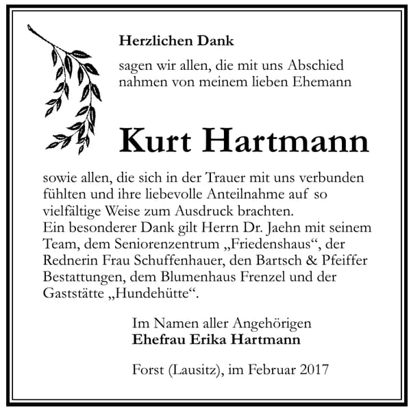 Danksagung Kurt Hartmann