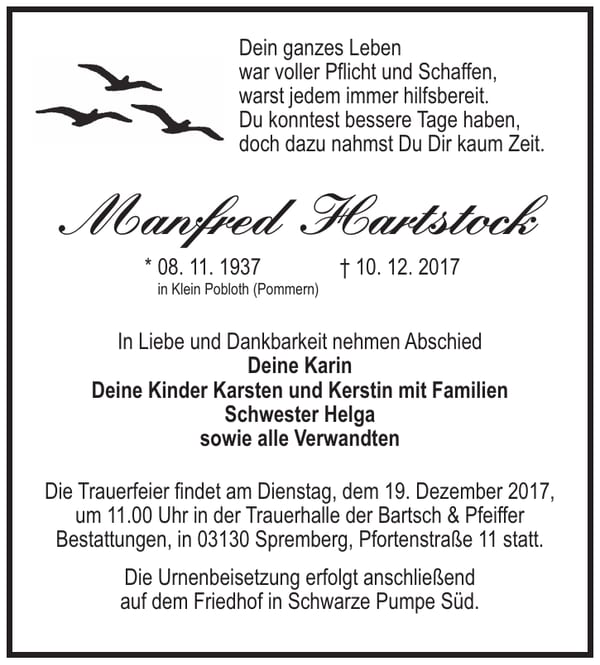Traueranzeige Manfred Hartstock