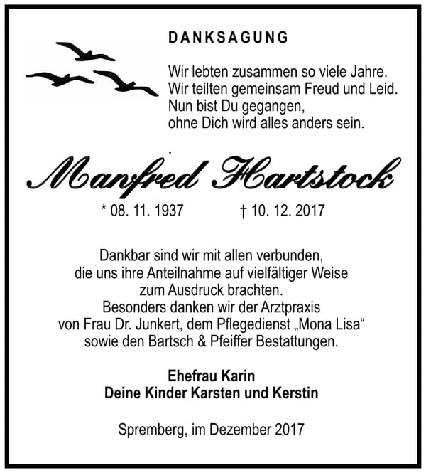 Danksagung Manfred Hartstock
