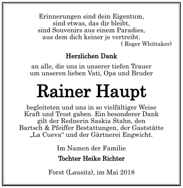 Danksagung Rainer Haupt