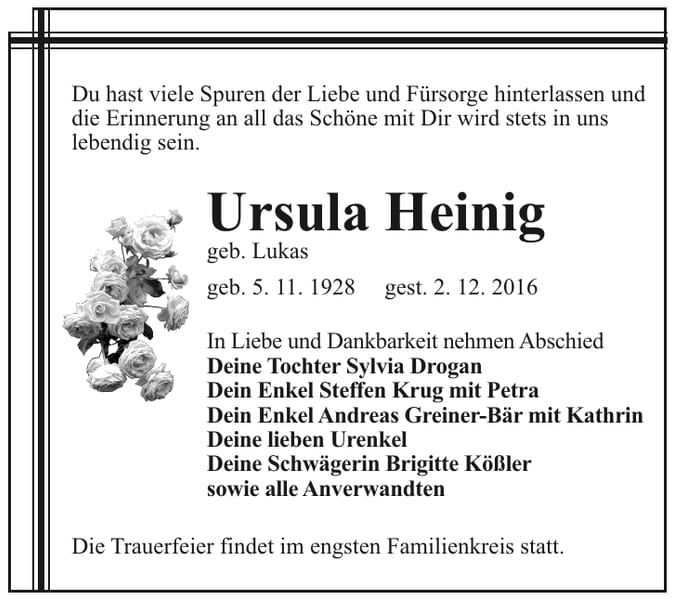 Traueranzeige Ursula Heinig, geb. Lukas
